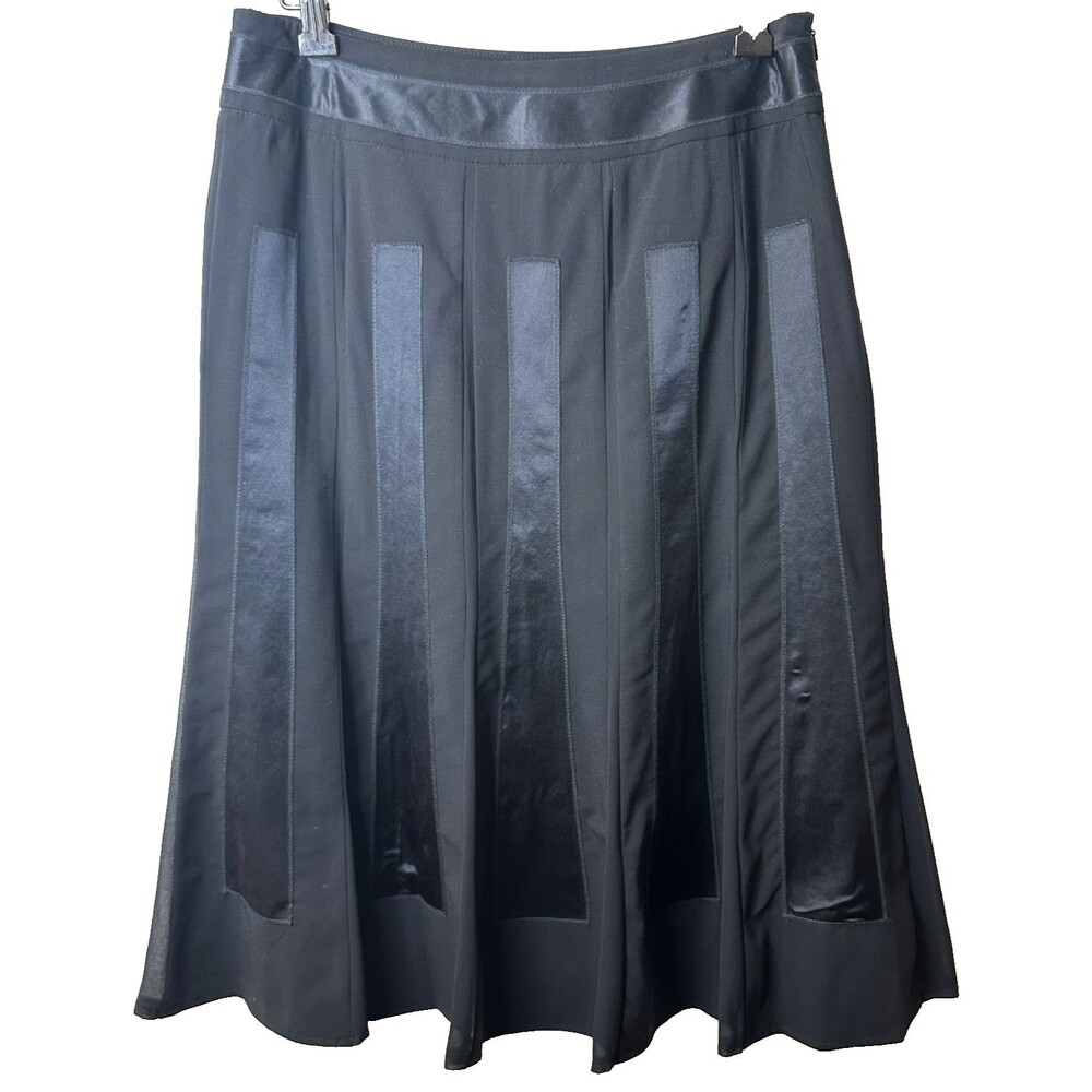 GERARD DAREL Women's Black Wool Satin Vertical Strips A-Line Midi Skirt Sz 8/38